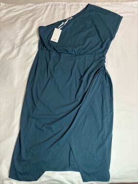 NWT Grace Karin One-Shoulder Teal Blue Midi Dress 2XL Lightweight Wrap Waist